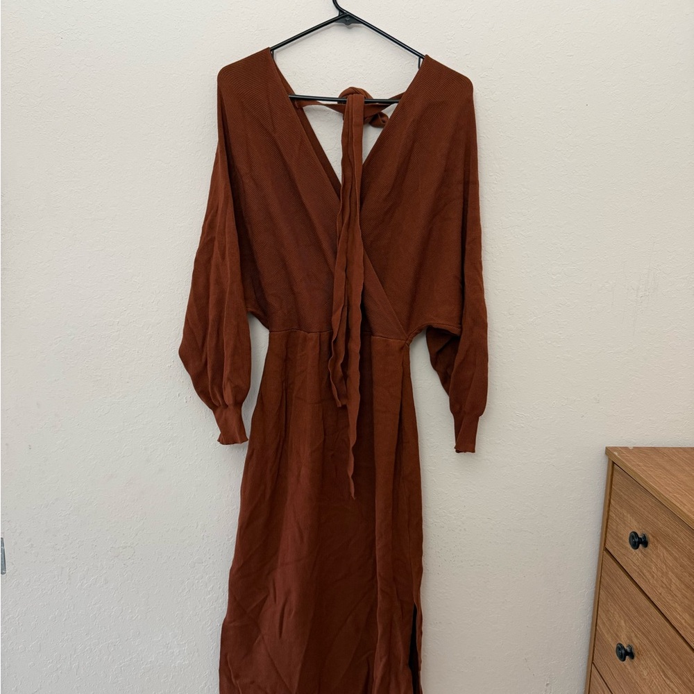 Rust Long Sleeve Maxi Dress with Tie-Back